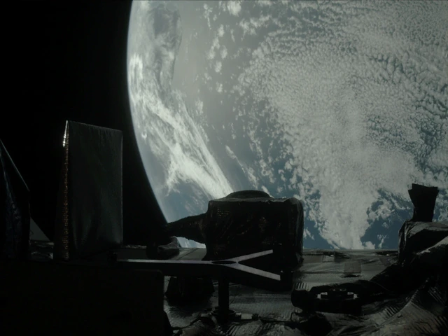 On the left, this image shows SamCam, provided by the U of A to track the spacecraft’s sample head during its primary mission. The Y-shaped sample return capsule release mechanism is visible in the center in its deployed position. The OSIRIS-REx Laser Altimeter, provided by the Canadian Space Agency to create detailed 3D topographical maps of Bennu, is behind the release mechanism. To the right, one of the spacecraft's two navigation cameras, or NavCams, is visible.